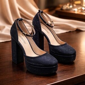 Women's Black Platform Ankle-Strap Pumps